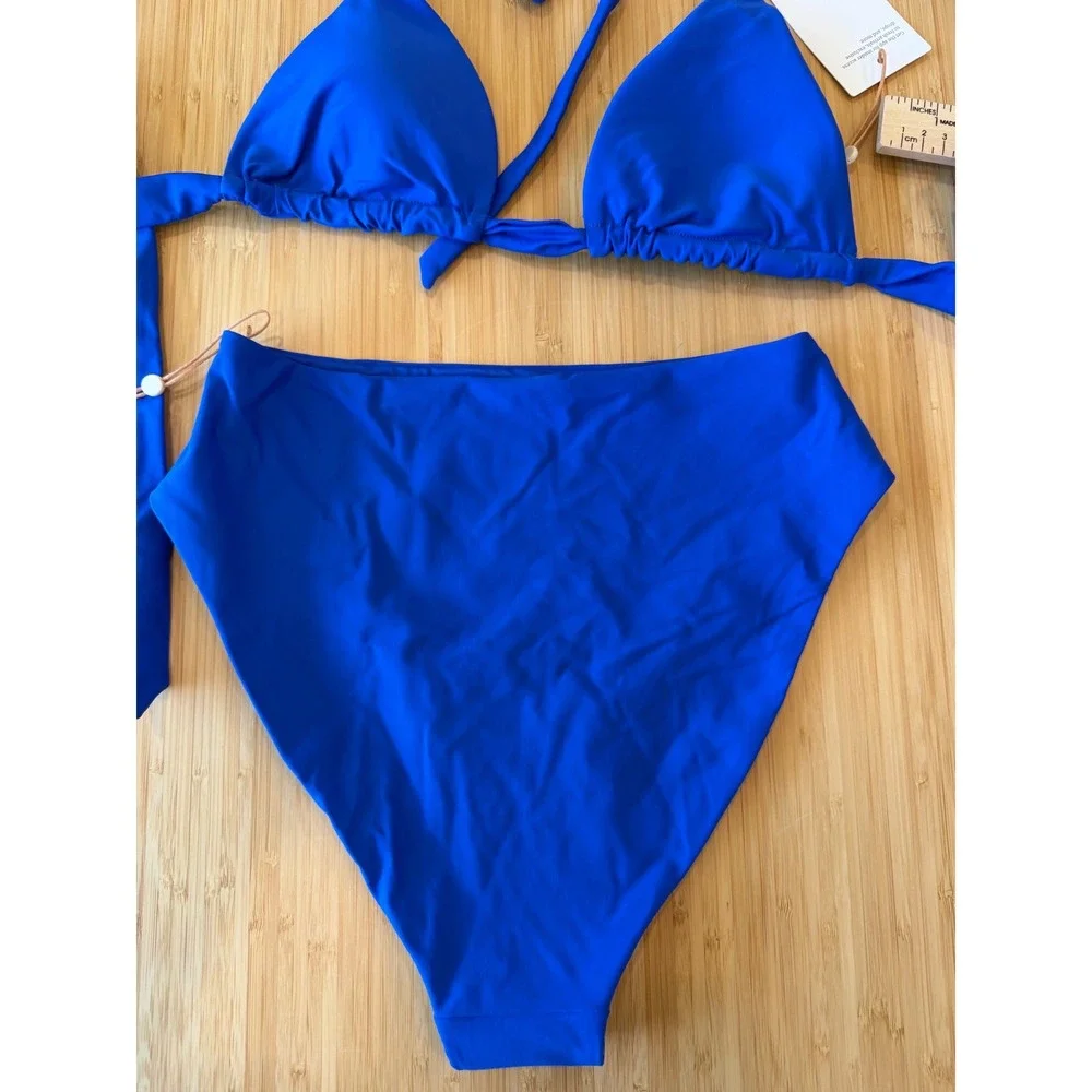 Quince Royal Blue Triangle Bikini Set High Waisted Two Piece Swimsuit NWT Size S